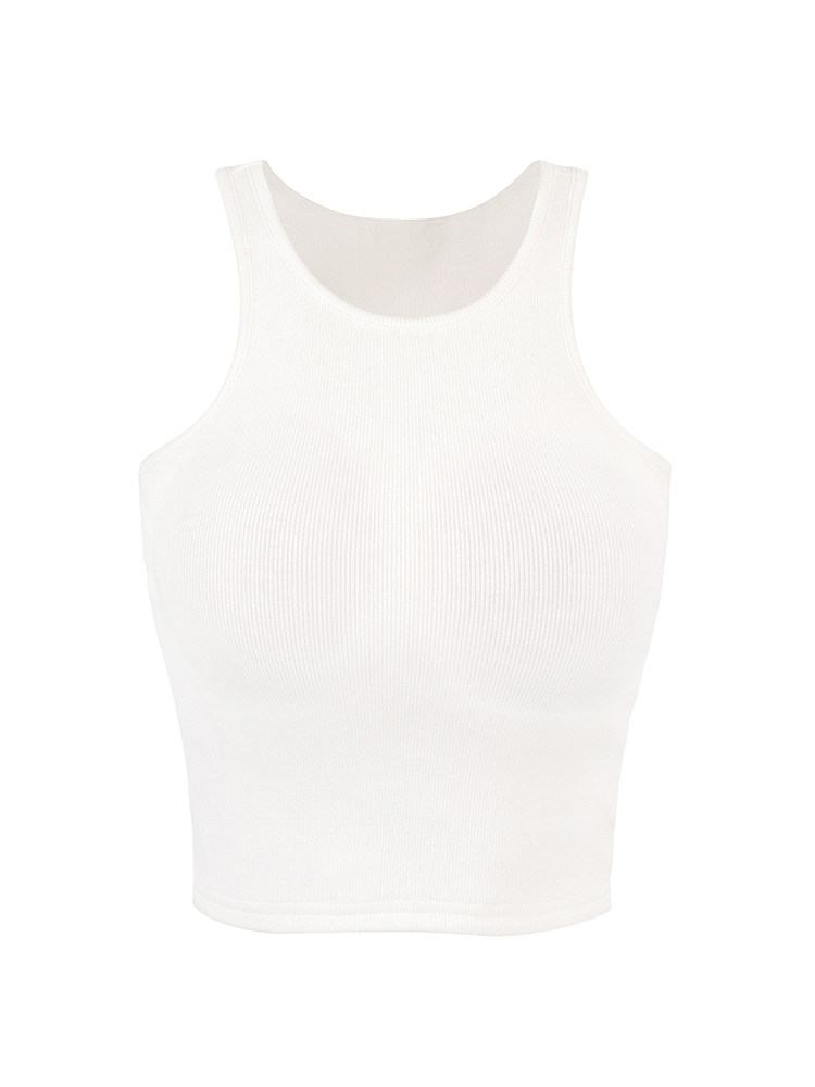 White ribbed sleeveless tank top on a plain background