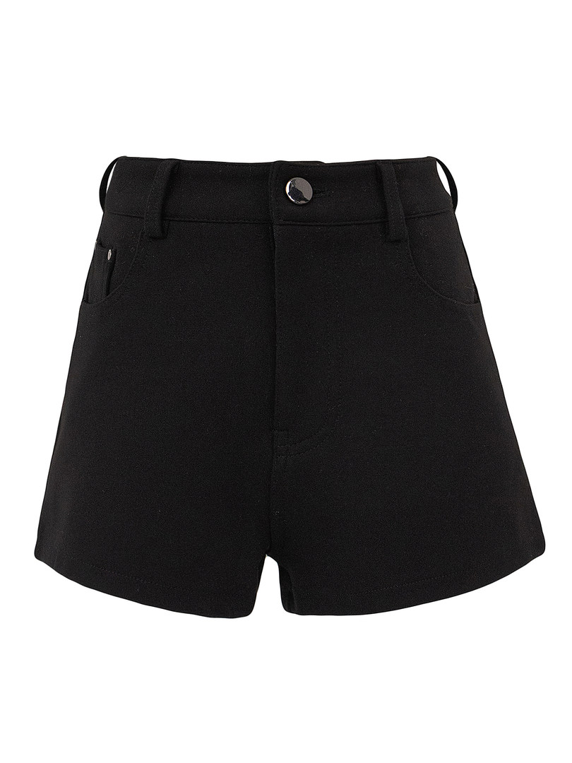 Black high-waisted shorts laid flat on a white background
