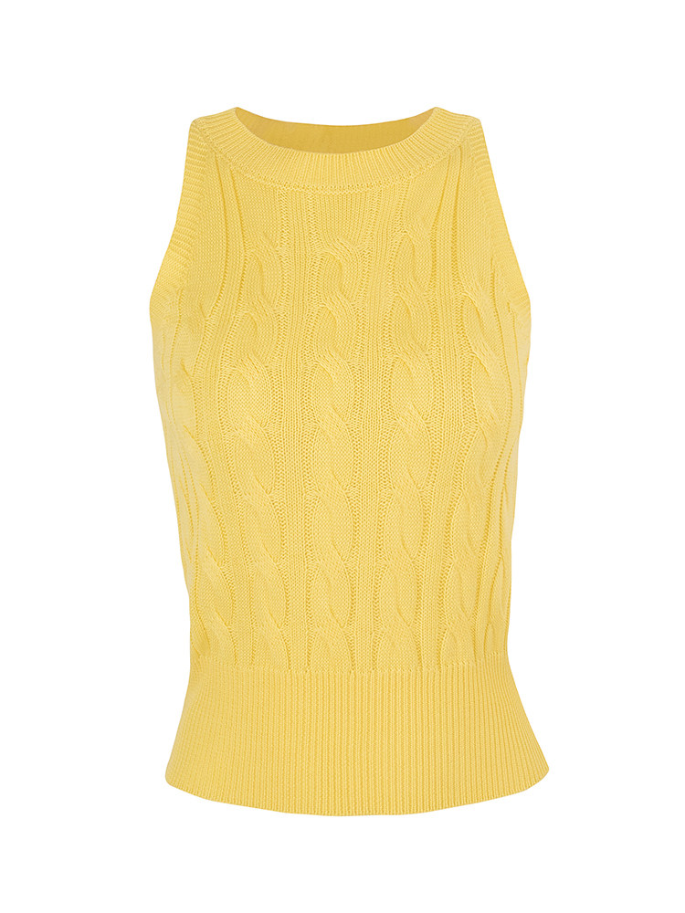 Yellow cable knit sleeveless sweater on white background