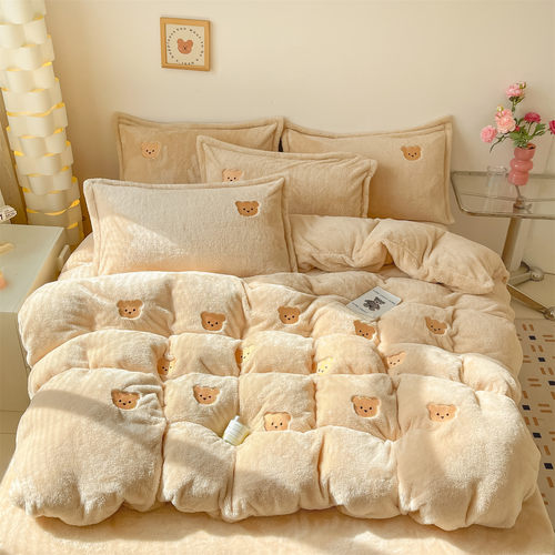 A类北极绒刺绣四件套单双人加厚保暖床单床笠双面绒被套加绒被罩