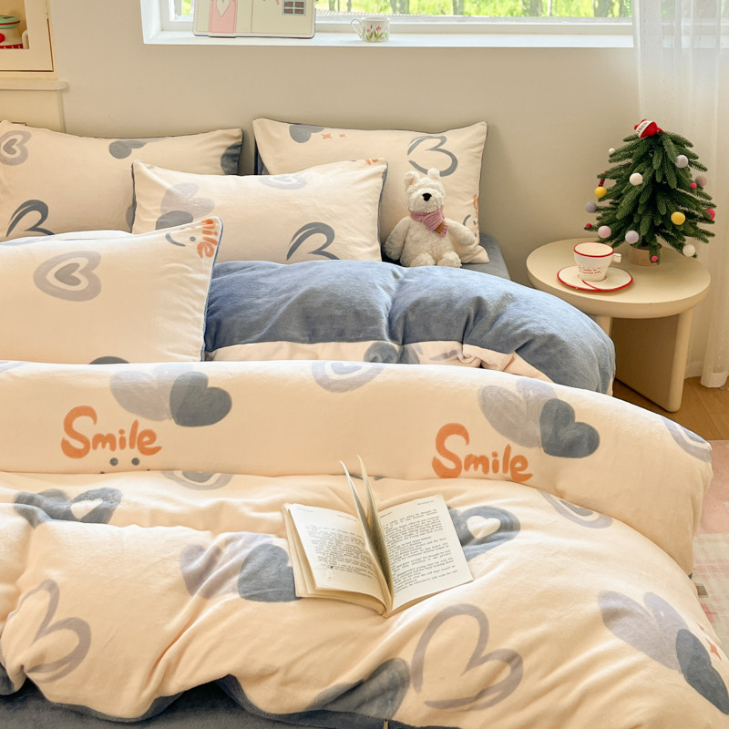 软fufu加厚保暖可爱系牛奶绒四件套床单床笠双面绒单被套加绒被罩