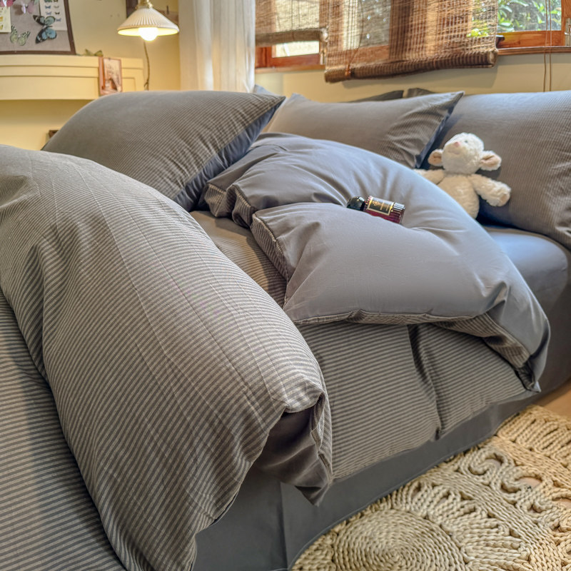 全棉纯色斜纹双拼单品被套三件套单双人学生纯棉被罩枕套四季通用