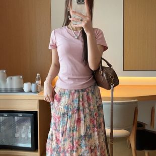 夏季新款时尚纯棉短袖T恤女雪纺碎花半身裙两件套夏装套装上衣女