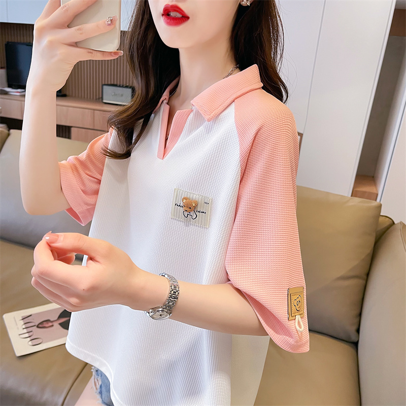 翻领polo衫撞色插肩袖小个子短袖t恤女2025新款夏季韩版宽松上衣