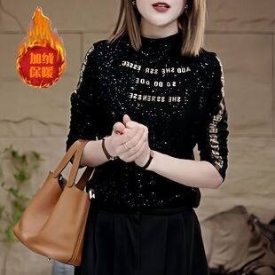 妈妈装时尚刺绣字母半高领澳绒长袖T恤女黑红紫满天星洋气打底衫