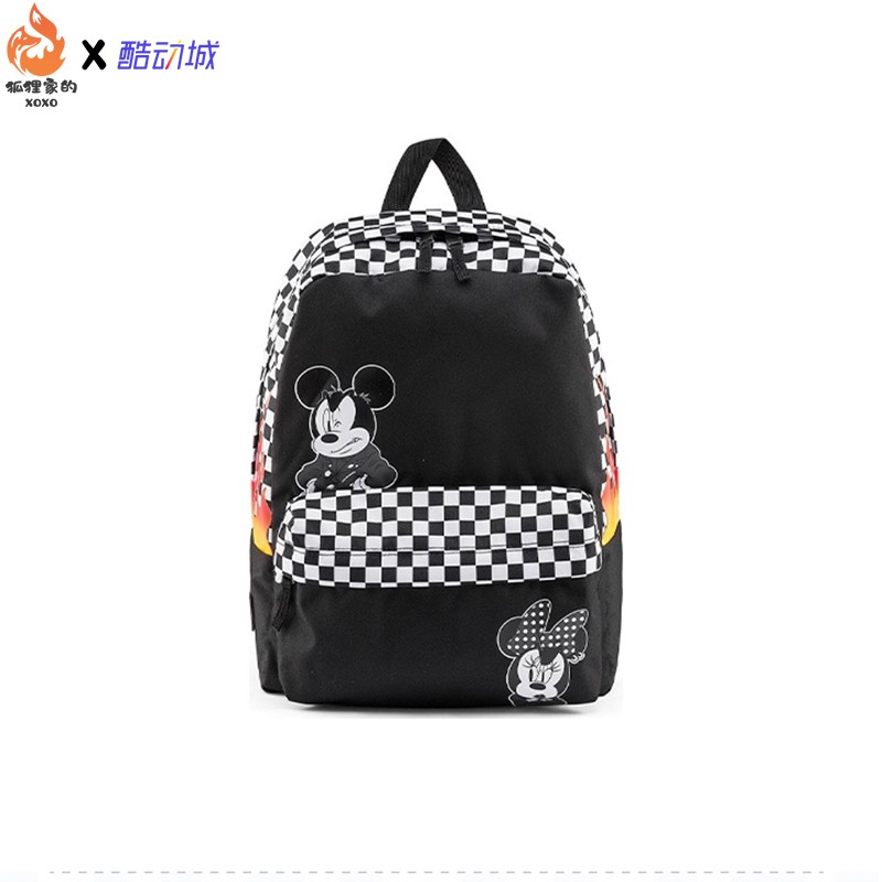 VANS Disney迪士尼联名米奇棋格可爱书包男女情侣款黑色双肩背包