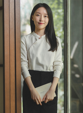 18QDA-092【微微】前世今生复古文艺修身立领中式斜襟长袖针织T恤