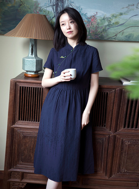 23CXC-091【君行】前世今生复古轻中式立领绣花短袖X型连衣裙