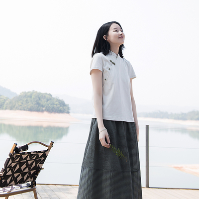 短袖轻中式花扣斜襟女