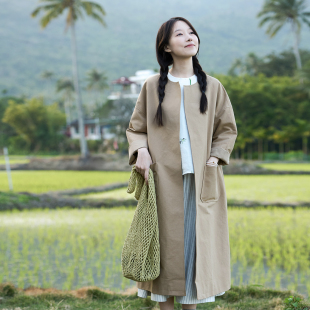 前世今生复古文艺简约圆领直门襟长款 山色 风衣外套 351 26CXA