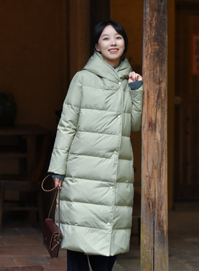 23QDA-295【九秋】前世今生复古文艺中长款连帽白鸭绒羽绒服