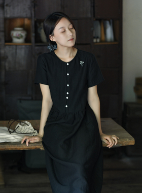 25CXC-383【清露】前世今生温婉简约文艺圆领刺绣大摆连衣裙