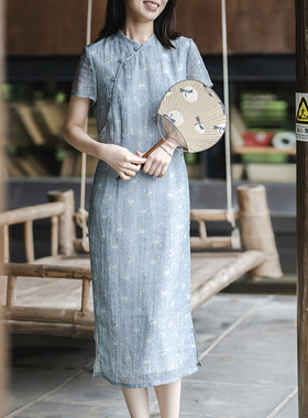 23CXC-309【菱叶荷风】前世今生复古简约蓝色苎麻印花旗袍