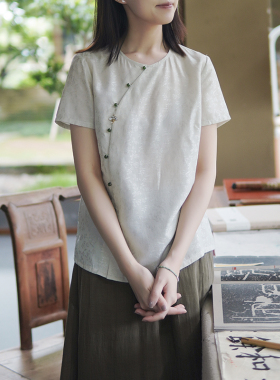 23CXA-147【素心千结】前世今生复古圆领偏襟短袖提花衬衫