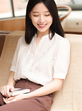 20CXA-098【何所思】前世今生复古温婉文艺V立领夏绣花短袖衬衫