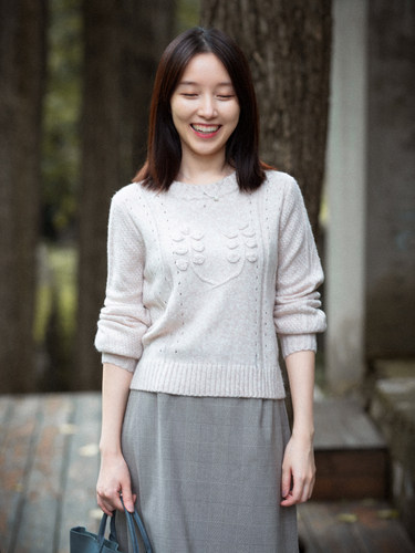 风朔文艺圆领套头绣花毛衣