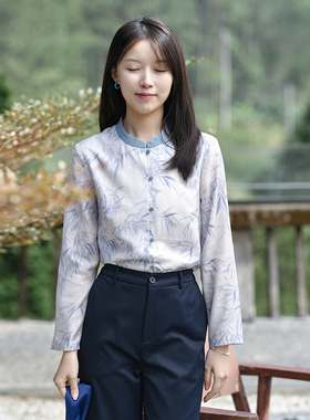 25CXA-094【竹语】前世今生复古新中式立领印花撞色领长袖衬衫