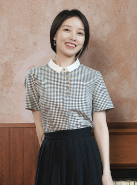 21CXA-208【弈窗】前世今生复古温婉文艺色织格子减龄翻领夏衬衫