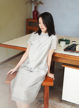 23CXC-119【山隐】前世今生复古轻中式立领绣花短袖旗袍裙