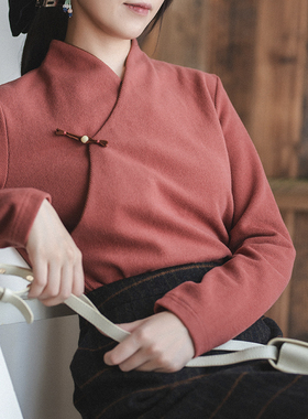 22QDA-194【花晴影红】前世今生复古温婉文艺交叠领针织上衣