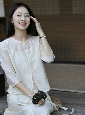 25CXA-168【海棠依旧】前世今生温柔清逸圆领绣花单排扣开衫罩衫