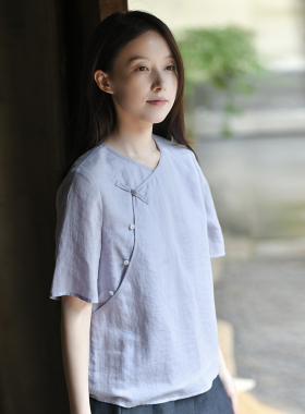 25CXA-351【丁香结】前世今生复古轻中式圆领斜襟短袖纯色衬衫