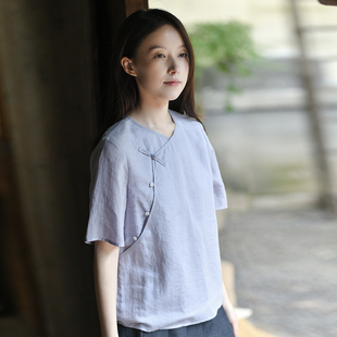 351 纯色衬衫 丁香结 圆领斜襟短袖 前世今生复古轻中式 25CXA