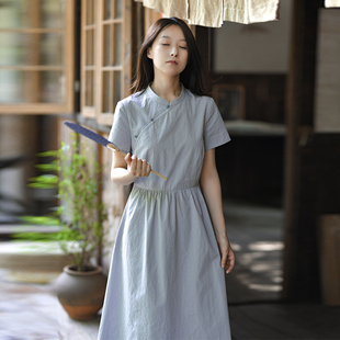 25CXC-332【青草池塘】前世今生复古轻中式立领斜襟X型经典连衣裙