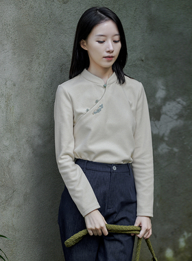 23QDA-220【粉黛青纱】前世今生复古轻中式立领斜襟绣花针织T恤