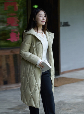 25QDA-336【青露】前世今生复古通勤文艺菱形格连帽长款羽绒服