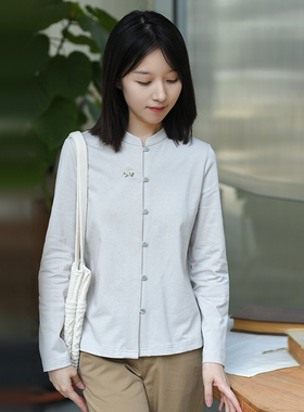 24CXA-129【幽梦浅香】前世今生复古文艺轻中式立领绣花衬衫式T恤