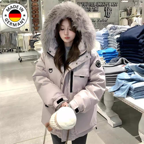 德国毛领工装羽绒服女白鸭绒加厚