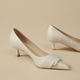 米白色高跟鞋 女春秋设计感小众气质职业矮低跟4cm细跟不累脚单鞋