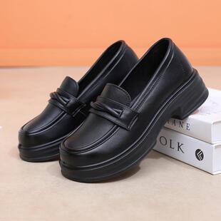 防滑软底职业上班英伦厚底4cm单鞋 黑色小皮鞋 女肯德基工作乐福鞋