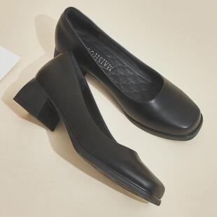 女黑色高跟鞋 浅口鞋 中跟包鞋 女鞋 4cm正装 方头粗跟软底职业工作鞋