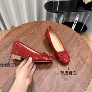 子超软糯单鞋 羊皮版 蝴蝶结方头瓢鞋 复古芭蕾舞鞋 女 内增高6cm法式