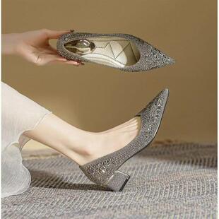 新款 简约粗跟不累脚尖头五CM高跟鞋 水钻单鞋 浅口时尚 女款 2025夏季