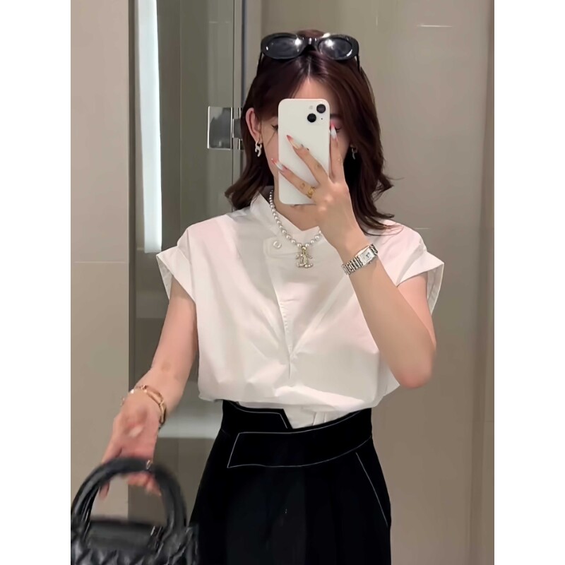 法式气质无袖白色衬衫女款夏季新款漂亮小衫爆款打底衬衣女士上衣