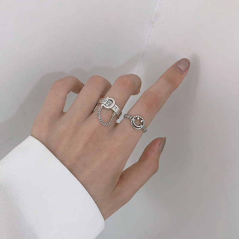 SMILEY FACE RING WOMENS INS TRENDY RETRO THAI SILVER EUROPEAN AND AMERICAN JUMPING COLD WINDY NICHE OPEN INDEX FINGER RING
