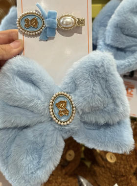 北京环球影城代购正品 小黄人tim熊冬新品蓝色毛绒蝴蝶结发夹套装