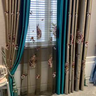 绣花窗帘客厅卧室飘窗遮光帘书房中式美式大花刺绣纱帘仿真丝布帘