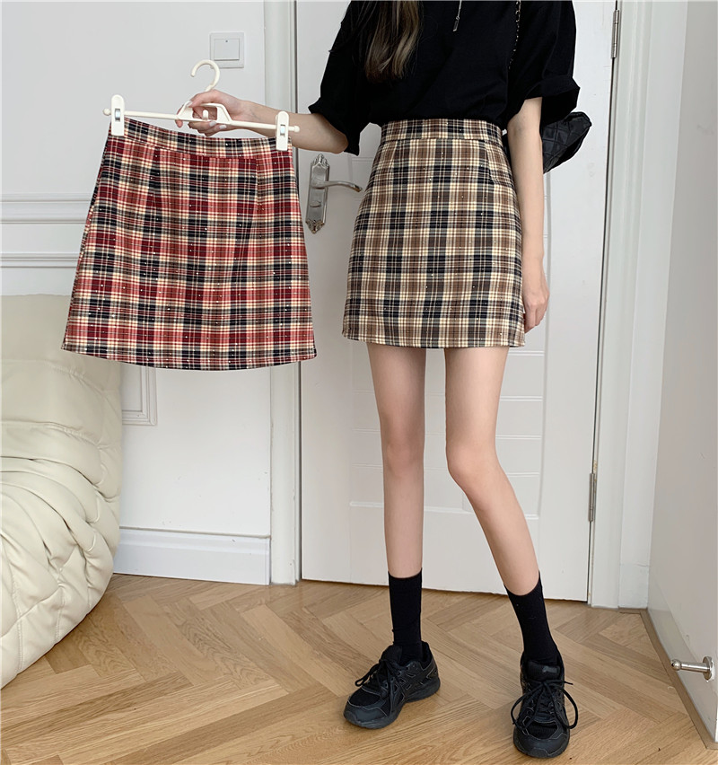 Real price glitter retro Plaid high waist versatile A-line short skirt