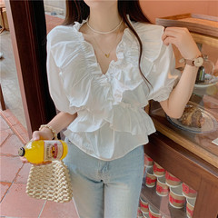 Real price elegant lotus collar bubble sleeve shirt design small French gentle age reducing top