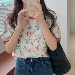 Real price French color matching floral pullover shirt Korean loose round neck thin bubble sleeve top
