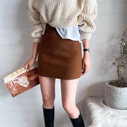 Brown woolen skirt autumn and winter women's 2021 new a-line high-waisted slim bag hip winter skirt one-step woolen skirt