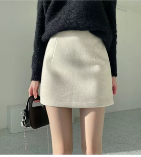 米色毛呢短裙女秋冬韩版简约百搭包臀半身裙潮高腰修身弹力一步裙