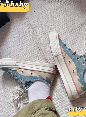 正品converse匡威 男女款牛仔蓝拼接海滩风低帮帆布鞋 A06802C