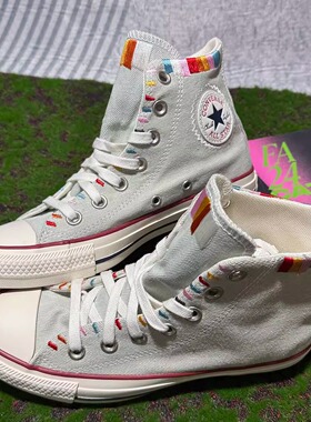 正品匡威 瑕疵发黄特价 民族风彩虹刺绣灰白蓝高帮帆布鞋567991C