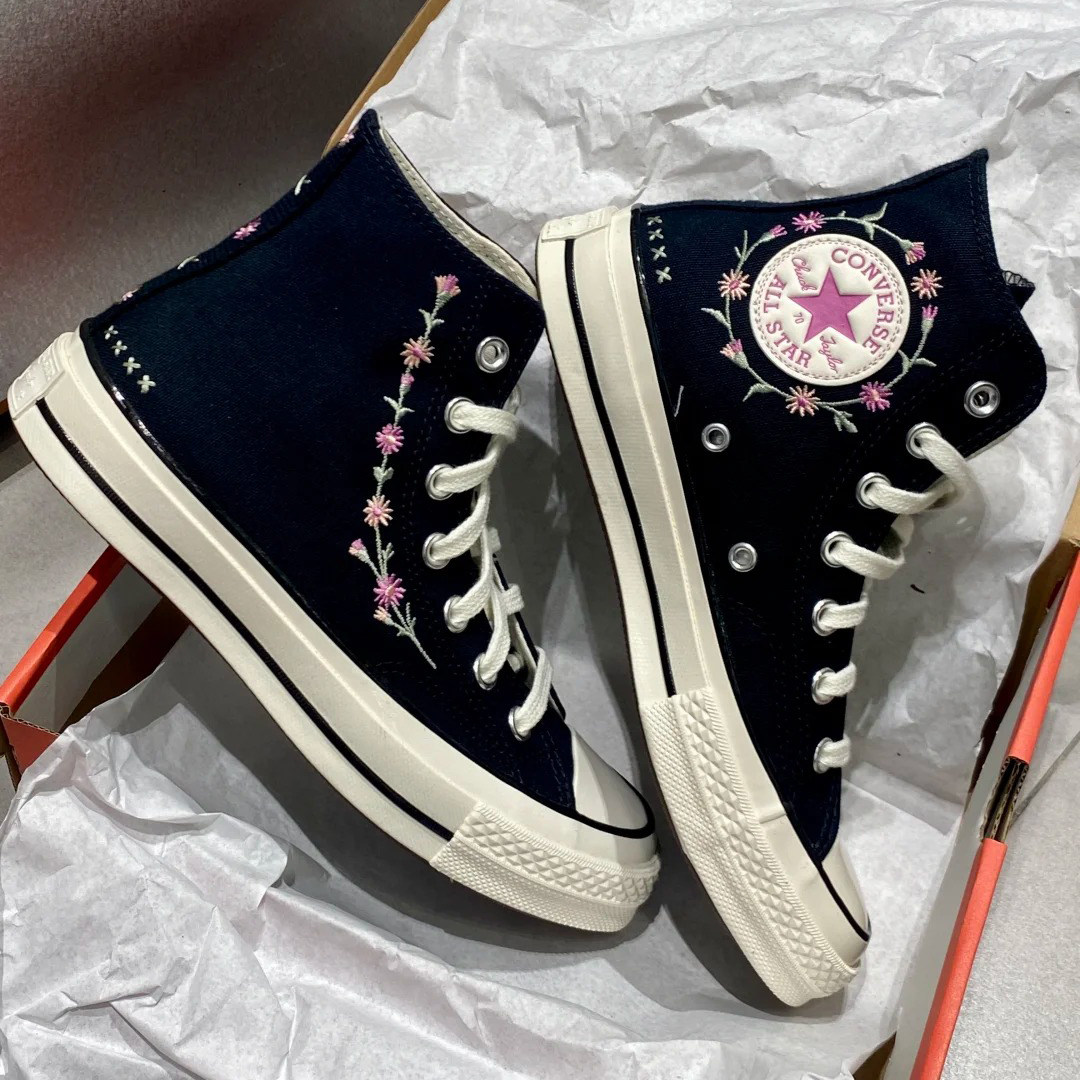 正品CONVERSE匡威 1970S可爱花卉刺绣黑色男女高帮帆布鞋 A15083C