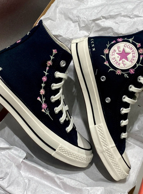 正品CONVERSE匡威 1970S可爱花卉刺绣黑色男女高帮帆布鞋 A15083C